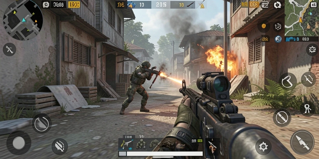 Tangkapan layar menunjukkan aksi intens dalam game FPS D06.