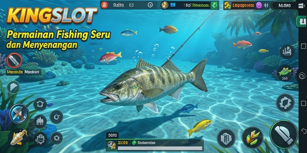 Screenshot KINGSLOT menunjukkan aksi menangkap ikan yang mendebarkan.