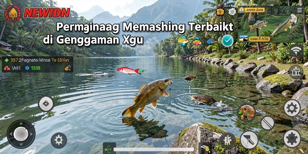 Tampilan gameplay NEWIDN yang menampilkan momen menangkap ikan di alam.