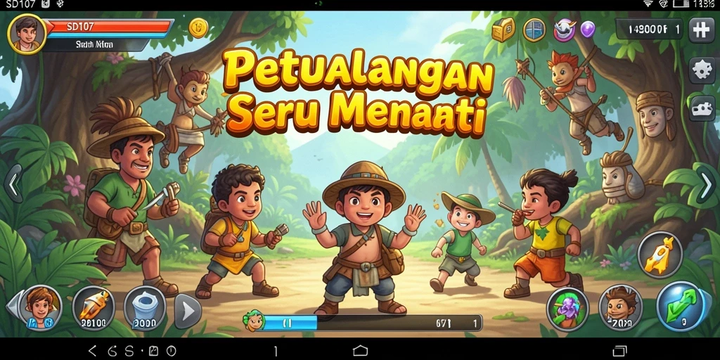 Screenshot utama SD107 menunjukkan gameplay seru dalam dunia petualangan yang luas.