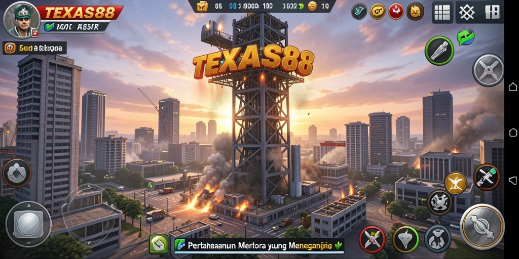 Tampilan gameplay seru dalam TEXAS88 dengan menara yang siap bertempur.
